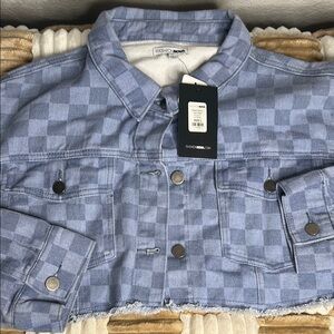 Fashion Nova Light Blue Checkered Denim Jacket